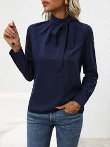 SHEIN Clasi Tie Neck Solid Blouse - Blue - View 3