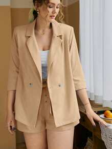 SHEIN Frenchy Plus Solid Blazer & Shorts Set - Camel - View 5