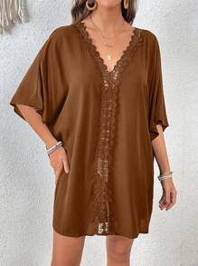 SHEIN VCAY Guipure Lace Panel Batwing Sleeve Cover Up Dress - Coffee Brown - View 3