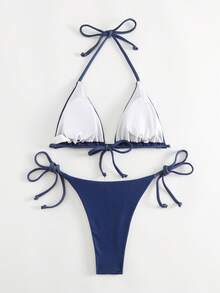 SHEIN Halter Triangle Tie Side Bikini Set - Blue - View 4