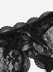 Lencería de encaje floral con moño frontal y braga sin entrepierna - Negro - Ver 8