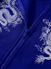 中國龍圖案拉鏈開襟加絨內裏連帽衫