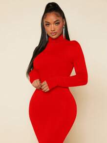 SHEIN SXY 高領素色緊身洋裝 - 紅色 - 查看 5