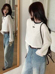 DAZY 拼接邊貼布細節落肩袖上衣 - 米色 - 查看 5