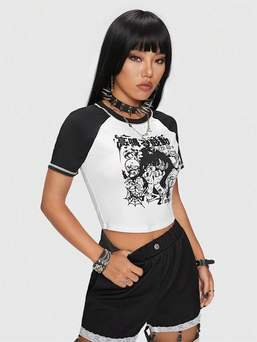 ROMWE Anime Camiseta crop estampado de cráneo de manga raglán - Blanco y Negro - Ver 1