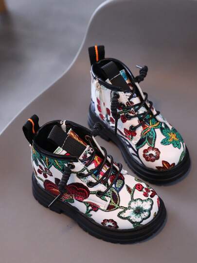 雙兒童休閒靴，彩色花朵圖案，防滑，短款設計，適合四季室內外活動