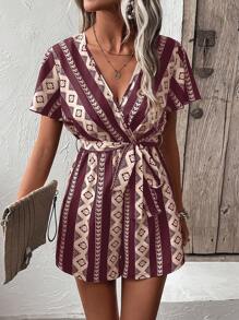 SHEIN LUNE In Địa lý áo tay bướm Thắt lưng Romper - Màu Đỏ Sâu - Xem 5