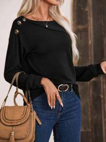 EMERY ROSE Button Detail Drop Shoulder Sweatshirt Pullover Fall Sweatshirt - Black - View 5