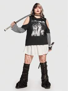 ROMWE Anime 人像圖案挖肩T恤 - 黑色 - 查看 1