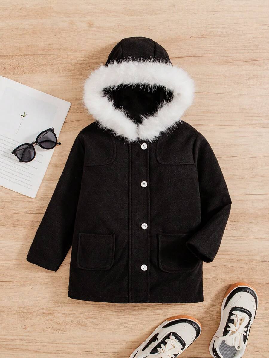 SHEIN Young Boy Fuzzy Trim Hooded Coat - Black - View 1