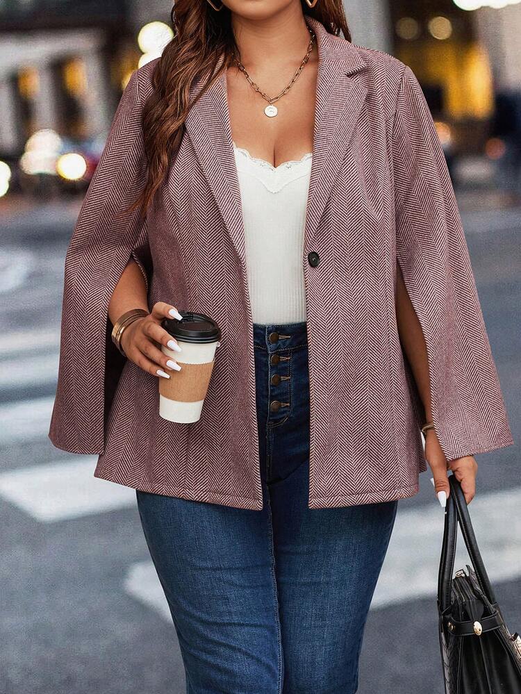 Plus Herringbone Print Cloak Sleeve Single Button Cape Coat