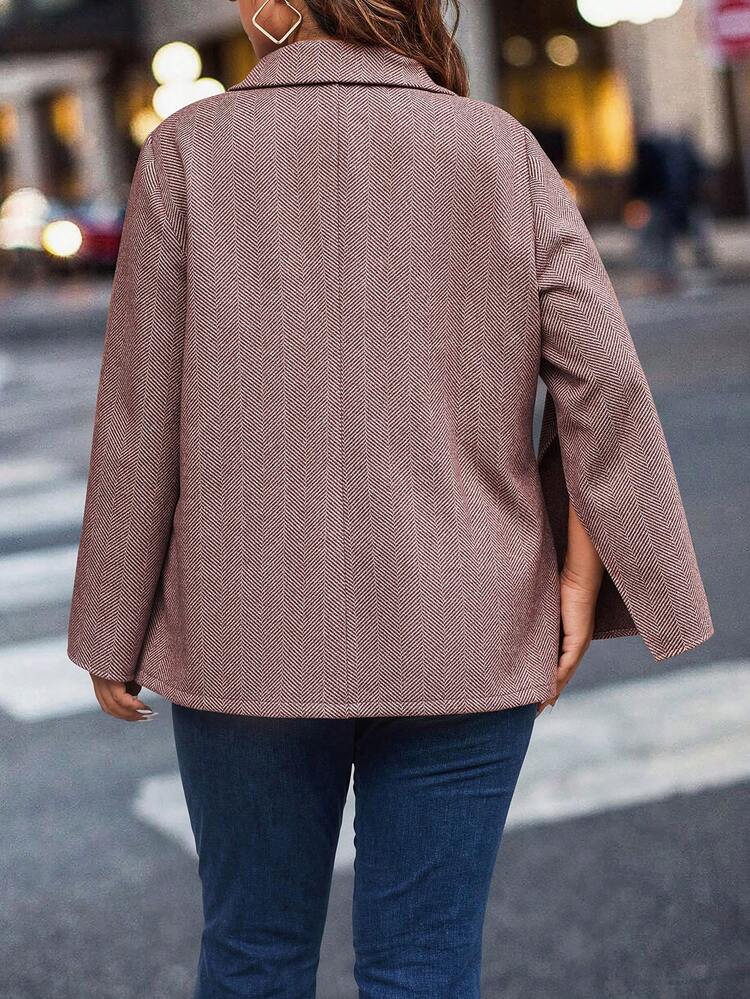 Plus Herringbone Print Cloak Sleeve Single Button Cape Coat