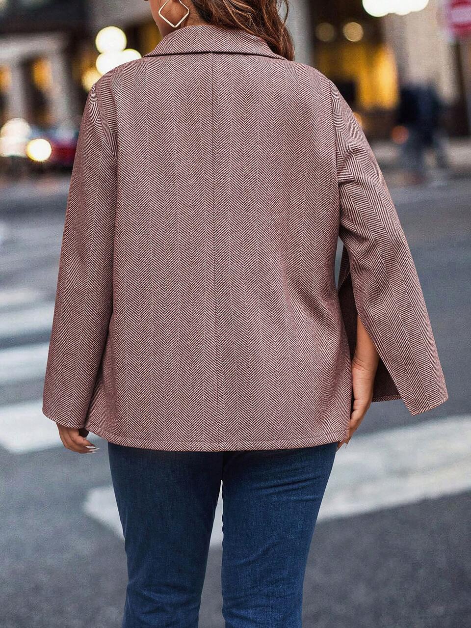 Plus Herringbone Print Cloak Sleeve Single Button Cape Coat