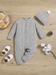 SHEIN 女嬰前紐扣麻花編織連身褲附帽子 - 淺灰色 - 查看 1