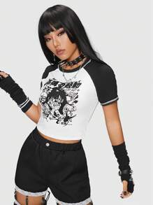 ROMWE Anime Camiseta crop estampado de cráneo de manga raglán - Blanco y Negro - Ver 4