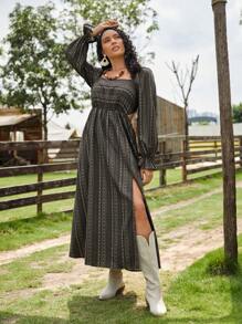 SHEIN VCAY Plus Geo & Striped Print Square Neck Flare Sleeve Split Thigh Dress - Multicolor - View 1