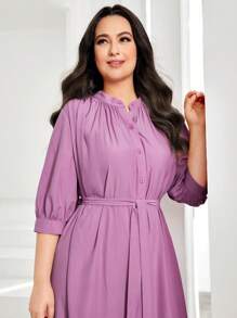 Seusyu Plus Ruched Belted Shirt Dress - Lilac Purple - View 2