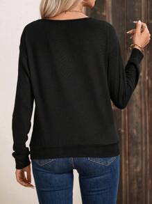 EMERY ROSE Button Detail Drop Shoulder Sweatshirt Pullover Fall Sweatshirt - Black - View 2