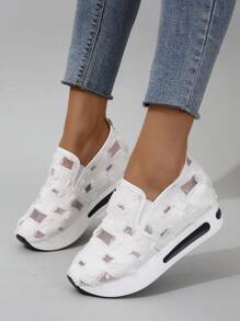 Zapatillas deportivas cuña de mujeres cómodo transpirable sin cordones con grueso suela - Blanco - Ver 5