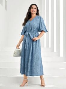 Mulvari Hơn Ống tay áo Váy có thắt lưng - Màu xanh bụi bặm - Xem 3