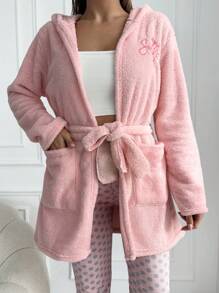 RueChic Dual Pocket Hooded Belted Flannel Sleep Robe - Pink - View 3