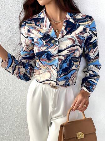 SHEIN Privé 大理石圖案前紐扣襯衫