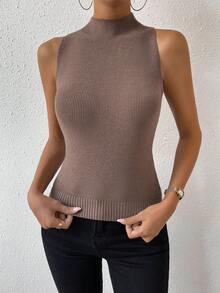 SHEIN Essnce Cổ giả Đồ đan Ribbed Áo ba lỗ - Bụi hồng - Xem 3