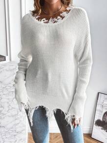 SHEIN Essnce 落肩袖毛邊緣套頭毛衣 - 白色 - 查看 3