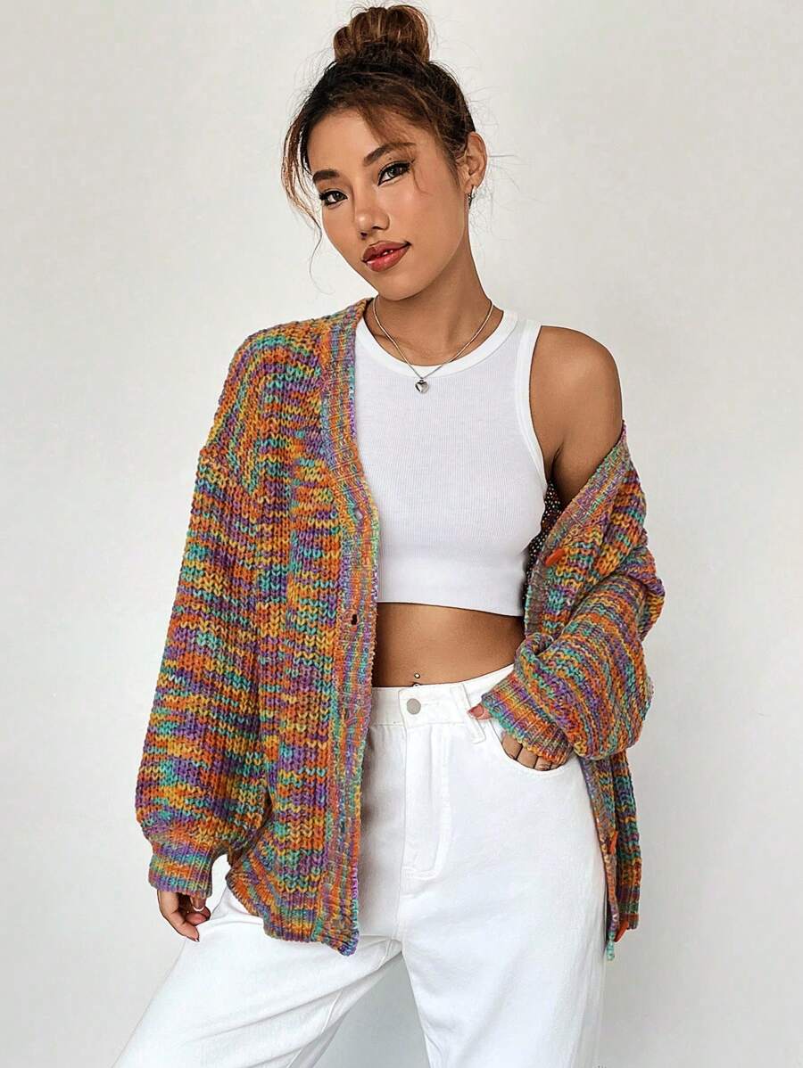 SHEIN Qutie Space Dye Drop Shoulder Cardigan - Multicolor - View 1