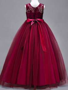 大女童婚紗長款蓬鬆薄紗裙蕾絲公主舞會禮服 - 酒紅色 - 查看 2