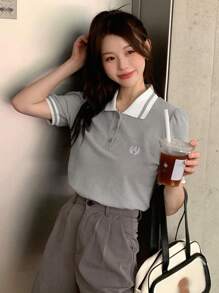 DAZY 拼接領字母刺繡POLO領T恤 - 灰色 - 查看 1