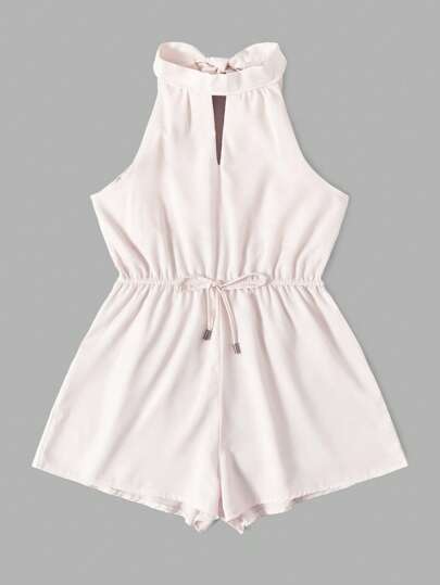 ROMWE Solid Cut Out Drawstring Waist Halter Romper