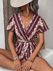 SHEIN LUNE In Địa lý áo tay bướm Thắt lưng Romper - Màu Đỏ Sâu - Xem 1