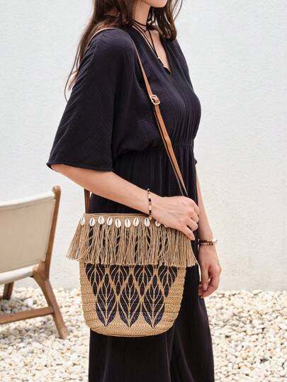 SHEIN VCAY Bolsa de mimbre con patrón de hoja con diseño de fleco
