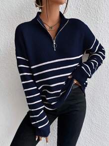 Calvaya Striped Pattern Half Zip Drop Shoulder Jumper - Royal Blue - View 3