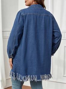 SHEIN Essnce Plus Ripped Fringe Hem Denim Jacket - Medium Wash - View 2