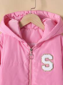 SHEIN Tween Mädchen 1 Stück Gepolsterter Mantel mit Buchstaben-Patch-Detail und Kapuze - Pink - Übersicht 5