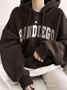 DAZY Thermal Lined Hooded Sweatshirt For Women, Casual Letter Print Pullover Hoodie, Autumn/Winter - Brown - View 5