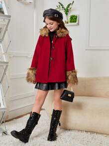 SHEIN Tween Girl Fuzzy Trim Raglan Sleeve Overcoat for Christmas - Burgundy - View 4