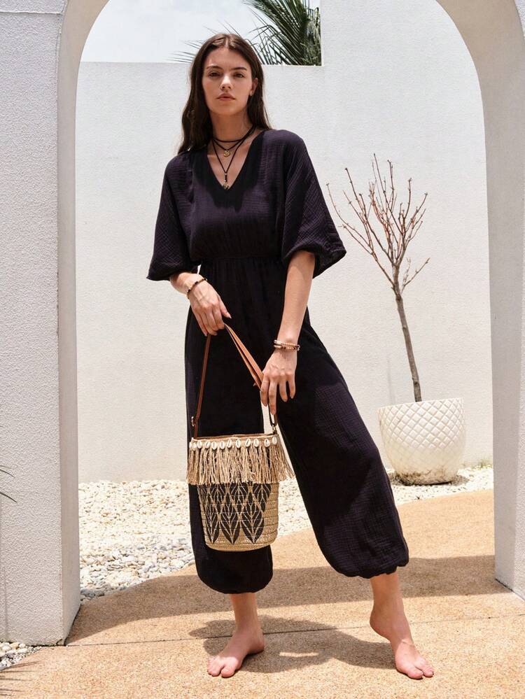 Leaf Pattern Fringe Decor Straw Bag