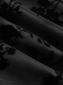 SHEIN MOD 大碼滿版印花前打結喇叭袖褶邊網紗洋裝