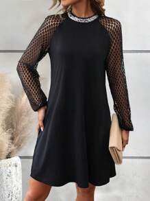 SHEIN Clasi Contrast Lace Raglan Sleeve Dress Fall Cloth For Women - Black - View 6