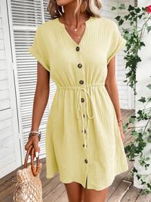 SHEIN LUNE 素色前紐扣腰部抽繩A字洋裝 - 黃色 - 查看 1