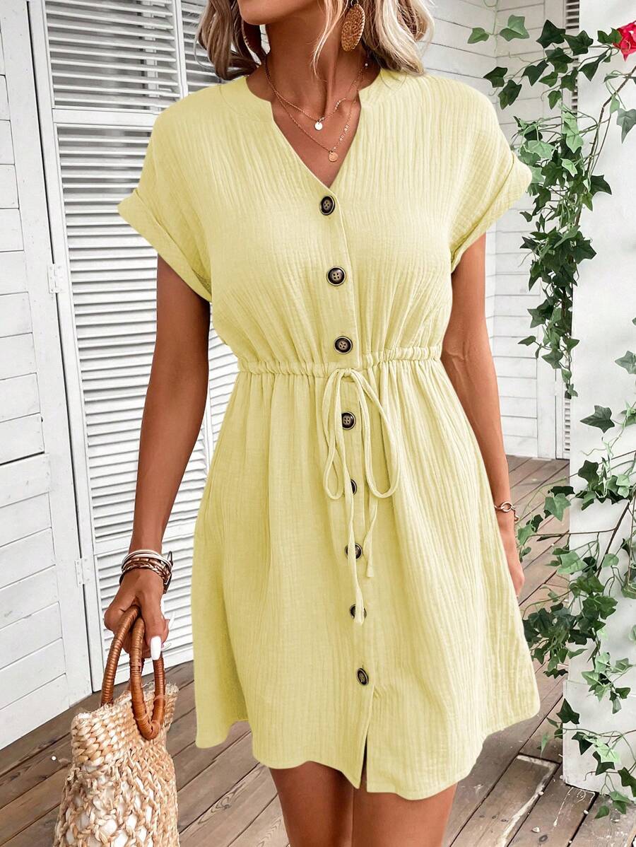SHEIN LUNE 素色前紐扣腰部抽繩A字洋裝 - 黃色 - 查看 1