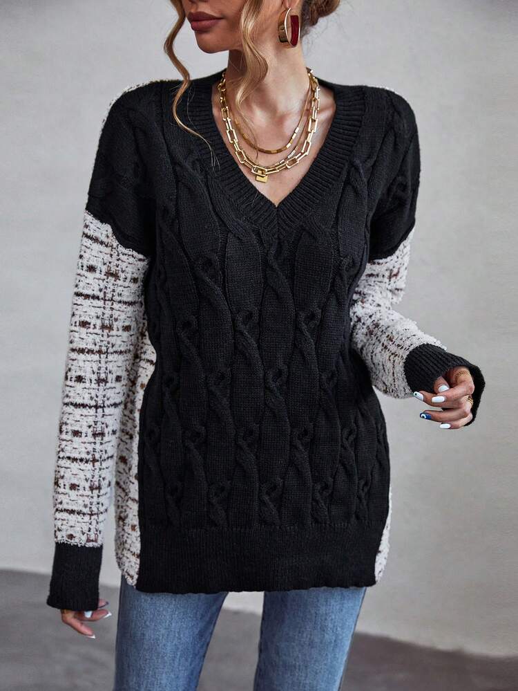Colorblock Cable Knit Drop Shoulder Knit Pullover Fall Winter Sweater