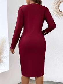 Celure Plus Button Detail Split Hem Bodycon Dress Burgundy Color Women Outfit - Burgundy - View 2