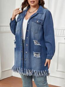 SHEIN Essnce Plus Ripped Fringe Hem Denim Jacket - Medium Wash - View 1