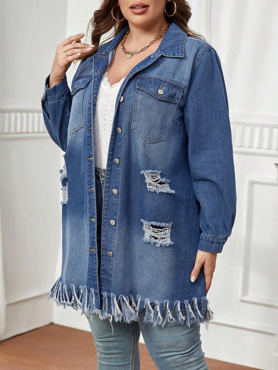 SHEIN Essnce Plus Ripped Fringe Hem Denim Jacket - Medium Wash - View 1