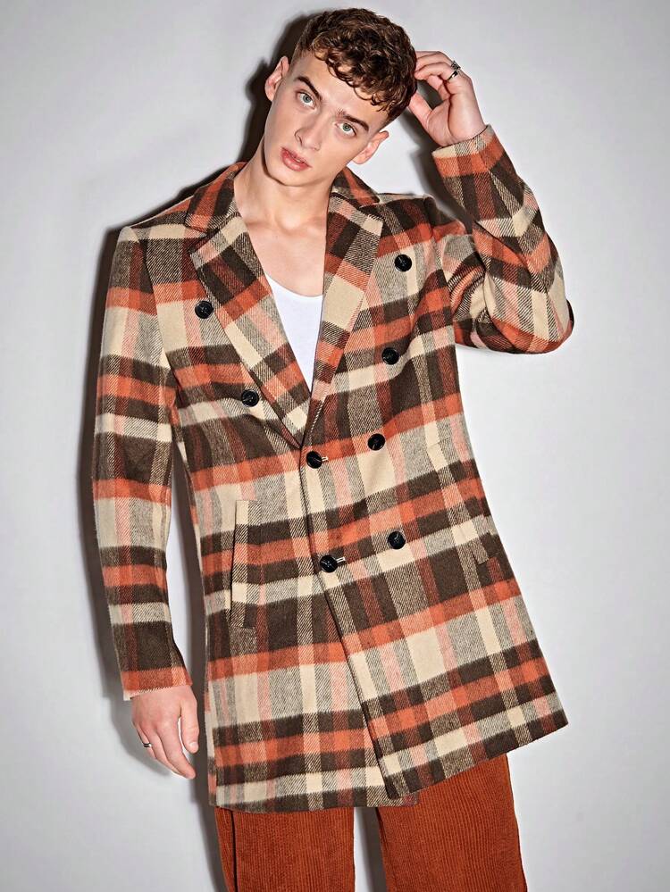 Loose Fit Men's Plaid Double-Breasted Overcoat