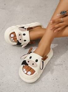 Women's Fashionable Home Slippers With Cartoon Cow Design, Interesting Slippers - Beige - View 1